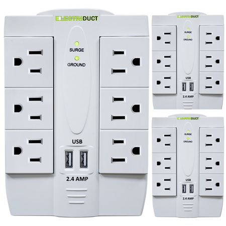 ELECTRIDUCT Power Surge Protector- 6 Swivel AC Outlets and 2 USB Ports PDC-SWIVEL-6P-2U-WT-3PK